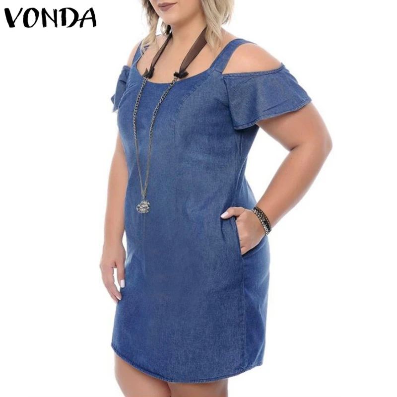 

VONDA Plus Size Denim Dress Women 2020 Summer Denim Sundress Sexy Short Sleeve Off Shoulder Mini Dress Casual Ruffles Vestidos