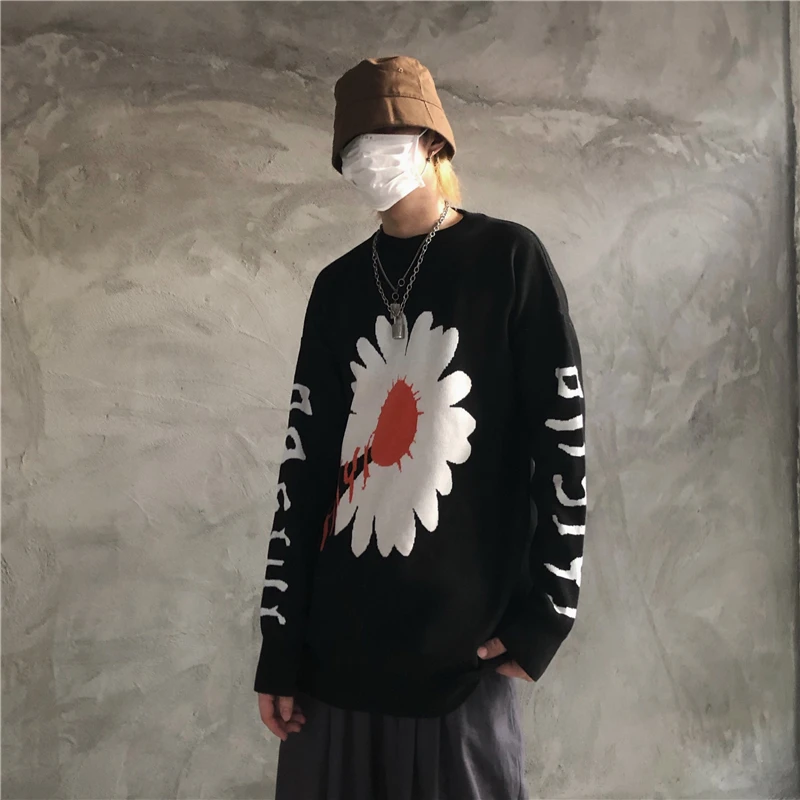Woherb, Harajuku, контрастные цвета, свитера для женщин, осень, зима, Повседневный, черный, вязаный свитер, цветок, жаккард, для женщин, мужчин, пуловер, джемпер