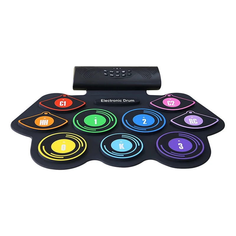 New  TOP-Portable Electronics Roll Up Drum Pad Set 9 Silicon Pads Built-In Speakers with Drumsticks Foot