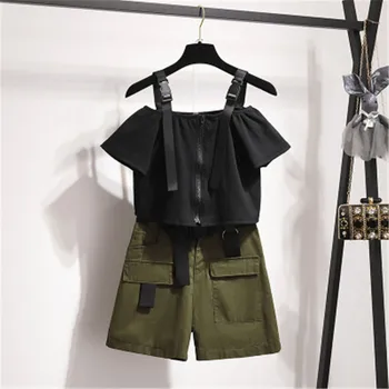 

2020 Summer Fashion Girl Streetwear 2 piece Suit Sexy Off Shoulder Suspender Knitting Short Top&Mini Short Pants Set Vestidos