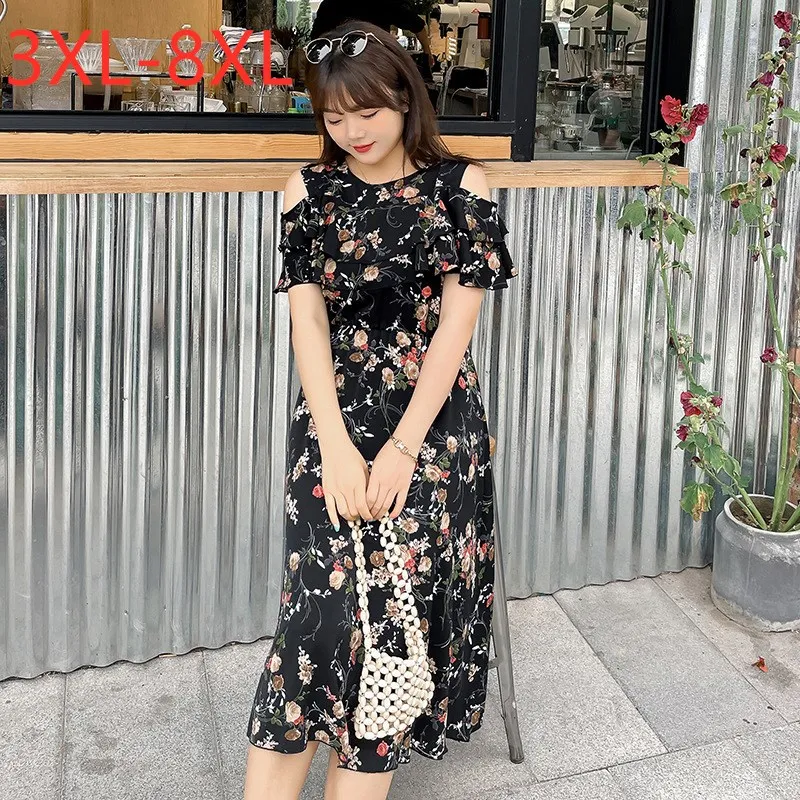 

New 2021 Ladies Summer Plus Size Long Dress For Women Large Short Sleeve Loose Floral Print Flower Dress 3XL 4XL 5XL 6XL 7XL 8XL