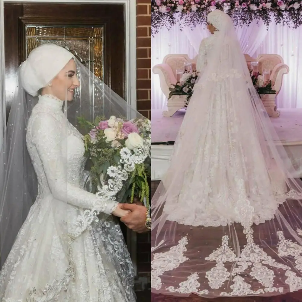 

New Arrival Muslim Bridal Veils Netting Lace Edge One Layer Applique Beaded Wedding Veils Bride Wraps Free Shipping