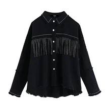 

Women Stylish Tassel Beaded Oversized Denim Jacket Coat Vintage Fashion Long Sleeve Frayed Trim Outerwear Chic Loose Tops latest