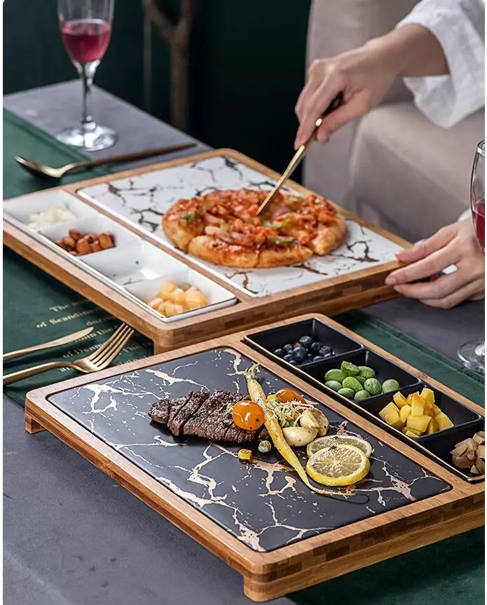 Imitation marble Western steak plate set creative snack dish pizza plate family restaurant ceramic tableware bamboo wooden tray