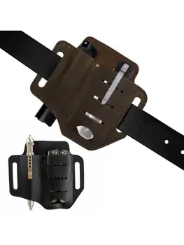 

Leather Tool Sheath 2 Pockets Multitool Holder Essentials EDC Organizer Belt Pouch for Pocket Knife Flashlight Tool