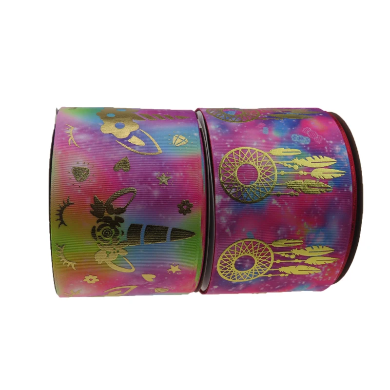 

100yard BOCA Ribbon 3”75MM Rainbow unicorn and gold earring foil Grosgrain Ribbon for Bow Decoration crafts Ribbon a