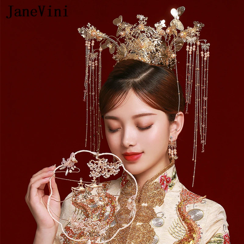 

JaneVini Luxury Chinese Bridal Headwear Crown with Earrings Costume Gold Hairpins Tassel Pearls Wedding Jewelry Hair Accessories