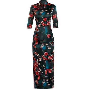 

Oversize 3XL 4XL 5XL Autumn New Arrival Vintage Half Sleeve Cheongsam Sexy Women Formal Long Dress Print Flower Rayon Qipao