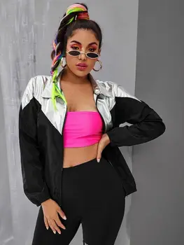 

Meihuida Women Autumn Stitching Colorblock Zip Loose Casual Coat Jacket Tops Fashion Simple Loose Girls Sports Coat Jackets