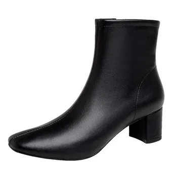 

Layumi's New Brand Zipper Boots Woman Botas Flat/High Thick Heel Winter Square Head Genuine Leather Booties Black White