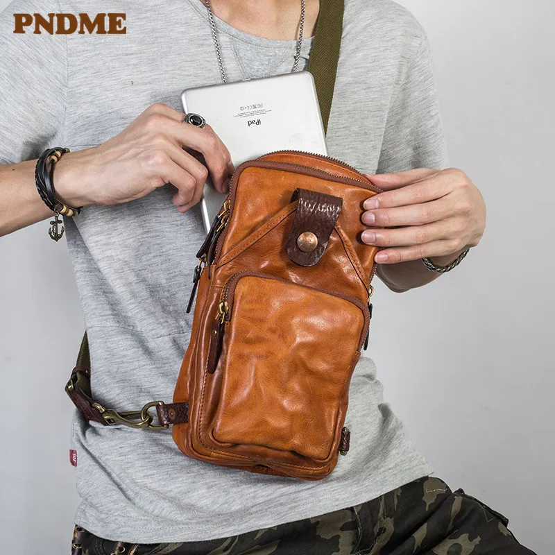 PNDME винтажный тренд высокого качества из натуральной кожи Мужская нагрудная сумка модная повседневная воловья дизайнерская роскошная