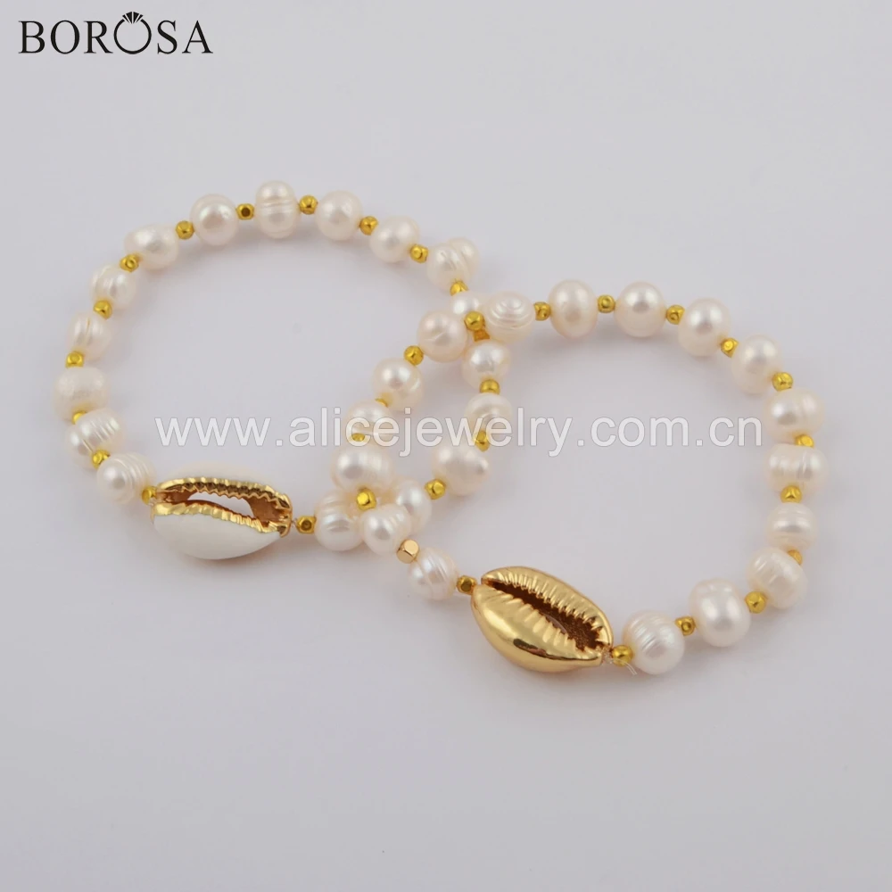 

BOROSA Handmade 7.4" Gold Electroplated Natural Cowrie Shell & Freeform Freshwater Pearl Beads Bracelet Women Bracelets HD0074