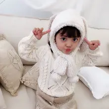 Дети девочка мальчик зима милый кролик длинное ухо флис ягненка плюшевая теплая шапка шарф Набор 517D