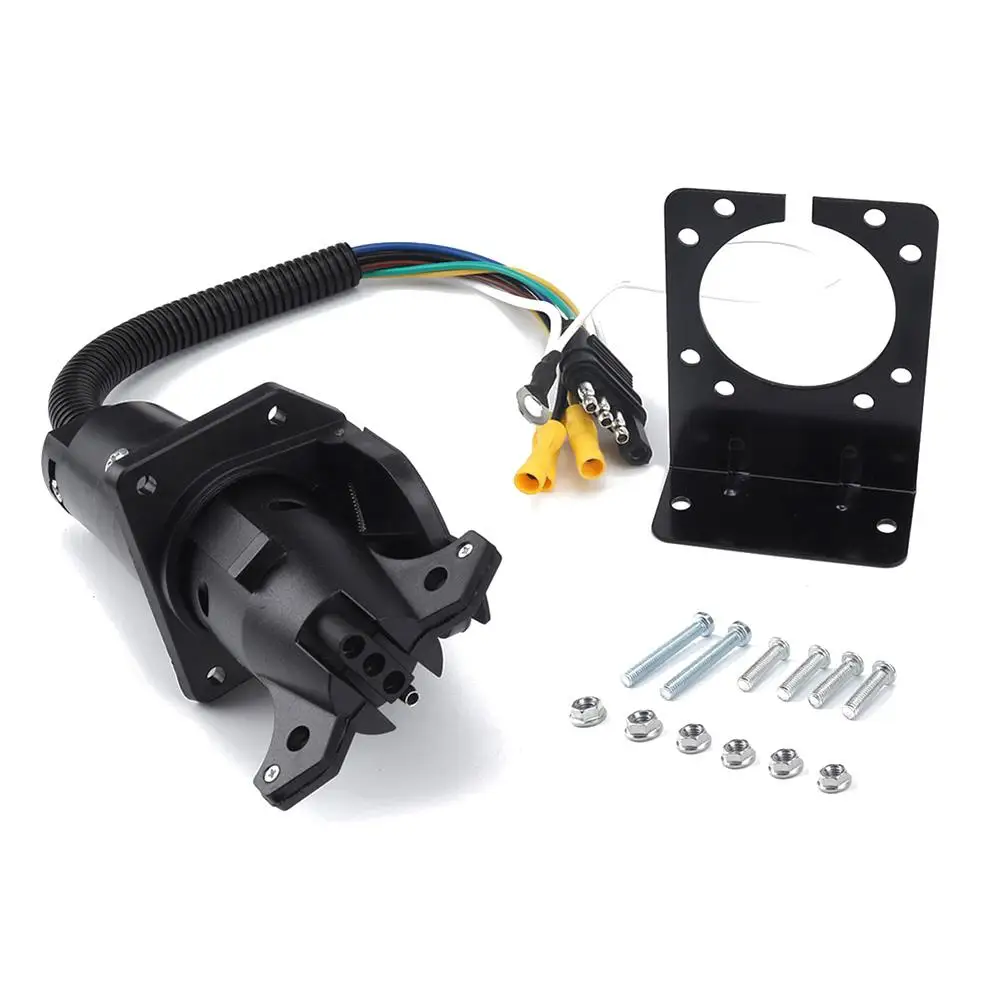 

4 Flat Truck to 7 Way Round Trailer Light Adapter Reverse Plug with Mounting Bracket 12V American Trailer Connector Plus Bracket
