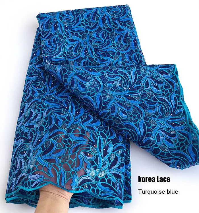 Turquoise Эксклюзивное 5 ярдов Настоящее французское кружево Корея сделано в африканском стиле швейцарская органза кружевная ткань мягкая уникальная блестящая нигерийская свадебная одежда - Цвет: Turquoise