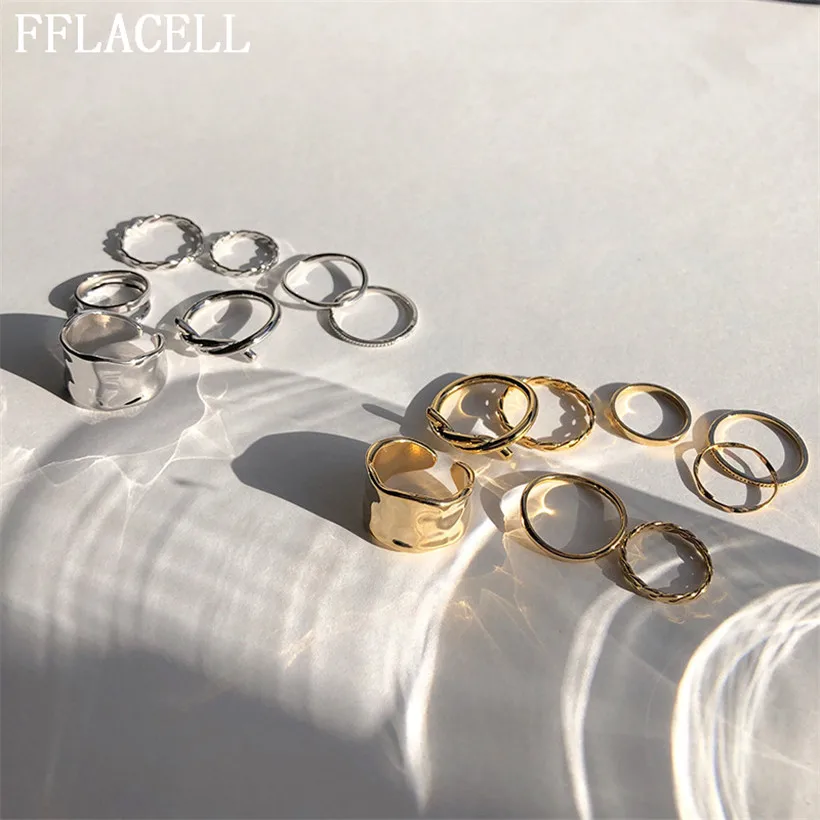 FFLACELL-Conjunto de 8 anillos de Metal geométricos para mujer, joyería de fiesta, estilo minimalista, liso, chapado en oro