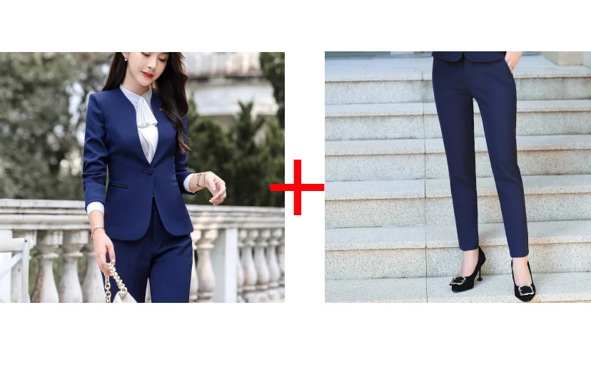 Blue Pants Set Женский блейзер с длинным рукавом, для офиса, для работы, костюмы с юбкой, модный, с зубцами, на пуговицах, костюм с юбкой, тонкий пиджак, юбки, два предмета, OL наборы - Цвет: Blue Pants Set