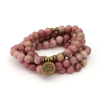 

8mm 108 Mala Natural Rhodochrosite Stone Beaded Bracelet Buddha OM Lotus Charm Bracelet For Women Lucky Meditation Yoga Jewelry