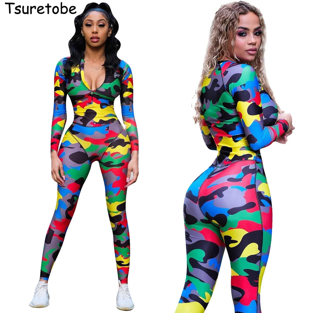 Tsuretobe Sexy Camouflage Jumpsuit Women Skinny Patchwork Rompers Long