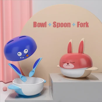 

Baby Fall Prevention Sucker Bowl Tableware Set Feeding Bowl With Forks And Spoons For Learn To Eat Training Cutlery As Kids Gift
