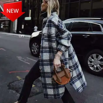 

Autumn New Casual Korean Fashion Lapel Wool Over The Knee Long Coat Blue Plaid Trench Coat Women 2020 Spring