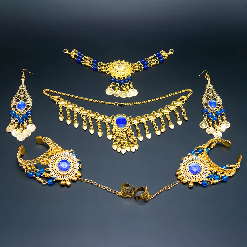 Royal blue-6pcs set Индийские аксессуары для танца живота набор для женщин танец живота Стразы ожерелье серьги комплект ювелирных изделий принадлежности для танца живота - Цвет: Royal blue-6pcs set