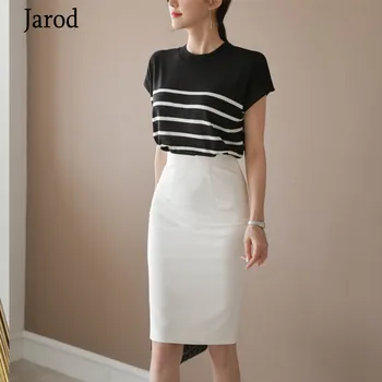 

New 2020 Summer fashion Casual stripe Black T-Shirt + white High Waist Bodycon pencil skirts 2 Piece Sets