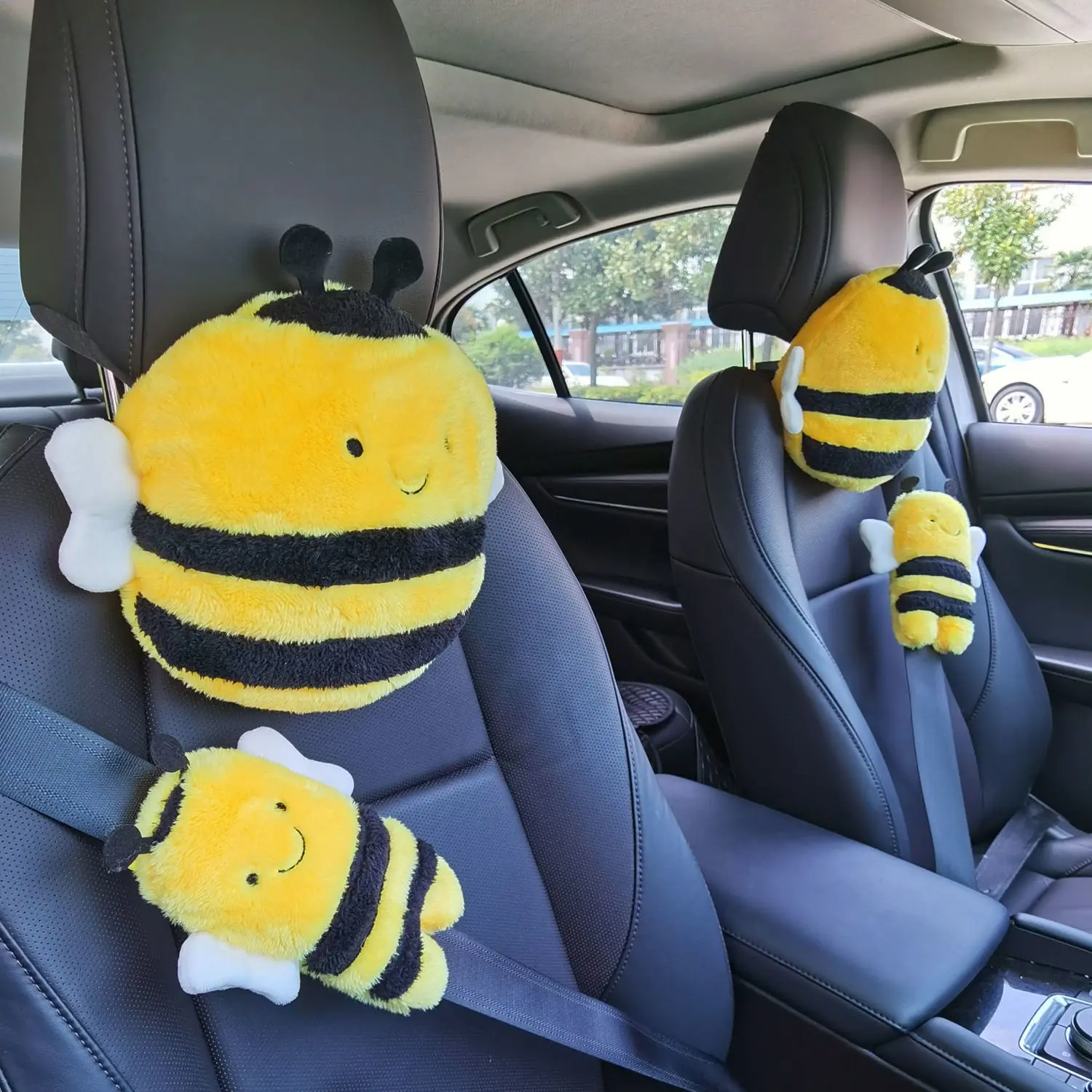 

Мультяшная улыбающаяся курица пчела, автомобильный комплект плюшевых ремней безопасности, Набор чехлов, мягкая подушка для шеи автомобиля, подушка