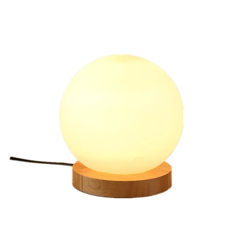 

US Plug 15cm Simple Glass Creative Warm Dimmer Night Light Desk Bedroom Bed Decoration Ball Wooden Small Round Desk Lamp Round B