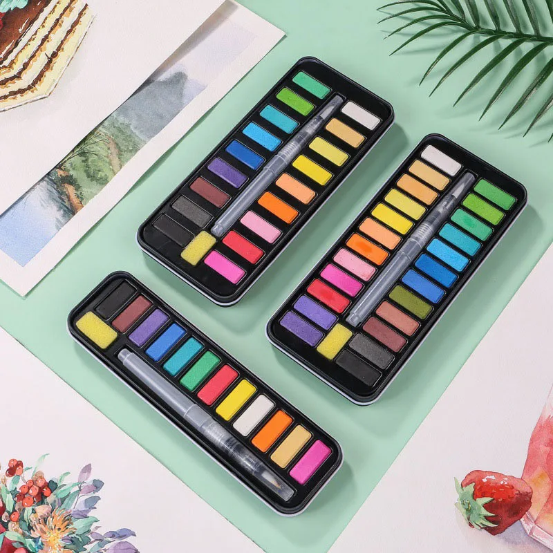 Solid Watercolor Paint Set 12/18/24/36 Colors Portable Metal Box With Water Color Brush School Kids Professional Art Supplies