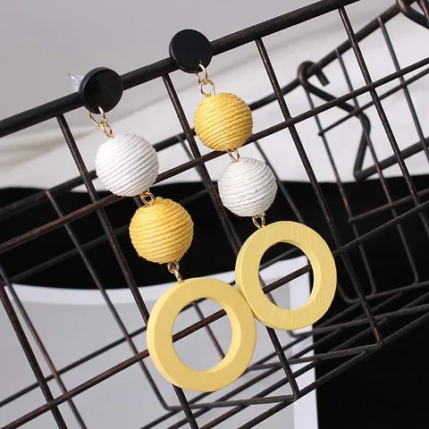 Flax Hemp Rope Round Ball Wood Women's Earrings 2020 New Style Long Yellow Blue White Candy Color Fashion Jewelry