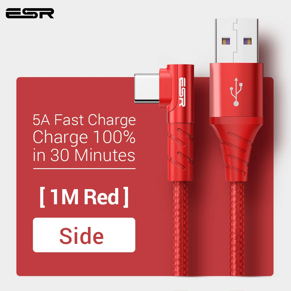 ESR 5A usb type-C кабель 1 м 2 м Быстрая зарядка type-C кабель для huawei P30 P20 mate 20 Pro Phone Supercharge QC3.0 USBC Кабо черный - Цвет: side red 1M