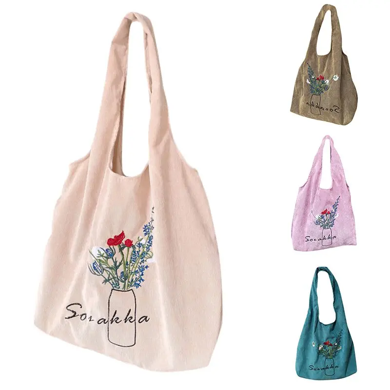 

Women Velvet Shoulder Bags Flowers Embroidery Female Literary Cloth Fashion Handbag Simple Eco-friendly Shopping Bags