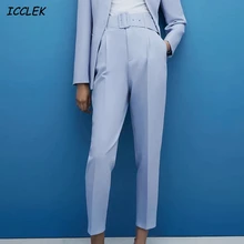 Za Women's Pants With Belt Suit Pant High Waist Trousers Sashes Pockets Office Ladies Pants Fashion Middle Aged Pink Purple trf