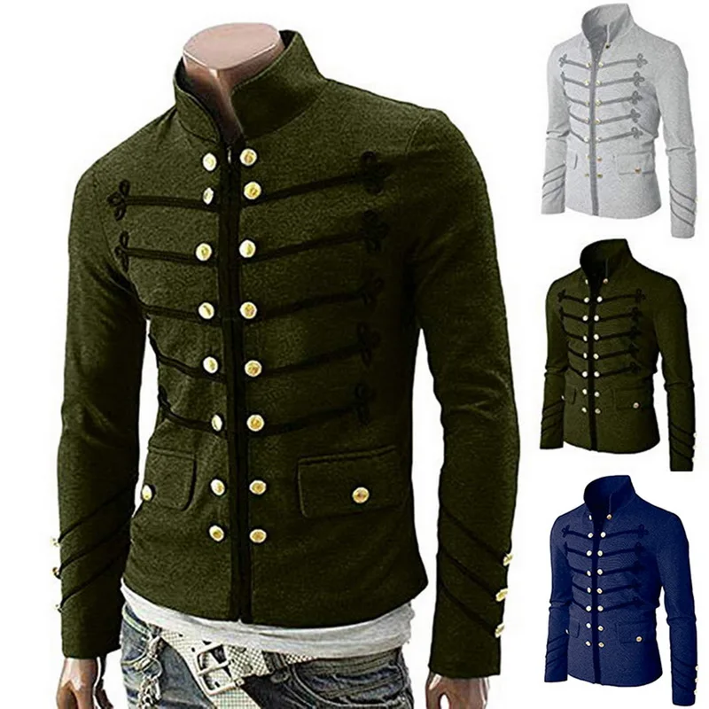 Men's Stand-Up Collar Gothic Jacket Coats Double Button Decorated Coats Uniform Costume Praty Coat Outwears Casual Streetwears