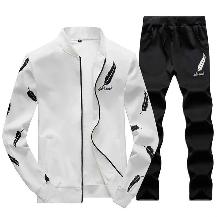 Spring Tracksuit Men 2 Pieces Set Men's Sportswear Brand Clothing Sweat Suits Feather Printed New Zipper Hoodie Mens Jogger Sets