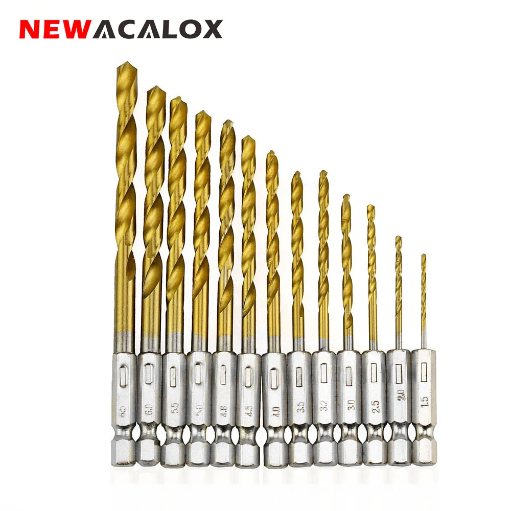 NEWACALOX Tungsten Carbide Twist Drill Bit Power Tool High Speed Steel HSS Titanium Coated Drill Bit Set 1/4 Hex Shank 1.5-6.5mm