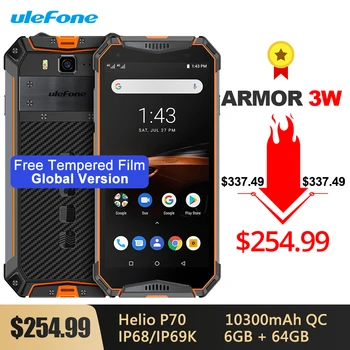 Перейти на Алиэкспресс и купить Смартфон Ulefone Armor 3W, глобальная версия, IP68 водонепроницаемый прочный телефон, 10300 мАч, Android 9,0, Helio P70, 6 ГБ + 64 ГБ, камера 21 МП, NFC, 4G