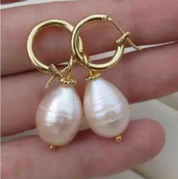 

free shipping>>>>noble jewelry huge AAA ++13x11MM pink BAROQUE PEARL DANGLE EARRING 14K/20 YELLOW GOLD hook