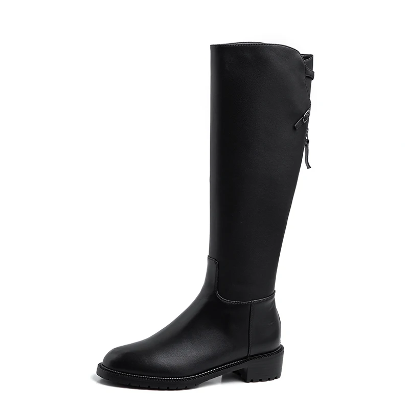 Black Leather Lining ROBESPIERE/зимние сапоги; женская повседневная обувь для верховой езды из натуральной кожи на молнии с пряжкой; сапоги до бедра; Botas Mujer; обувь; B92 - Цвет: Black Leather Lining