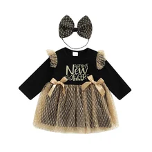 Emmababy Toddler Baby Girl Autumn Dress Long Sleeve Round Neck 2022 Letter Print Tulle Patchwork Princess Dress with Headband