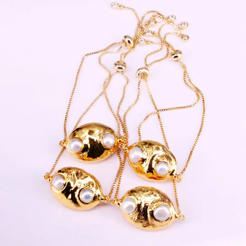 6PCS, Gold Electroplated White Freshwater Pearl Bead Link Chain Bracelet For Women Girls