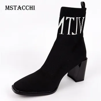 

Mstacchi Ladies Knitting Letter Patchwork Square Heel Short Boots Leisure Woman Round Toe Les Slip On Comfortable Ankle Boots