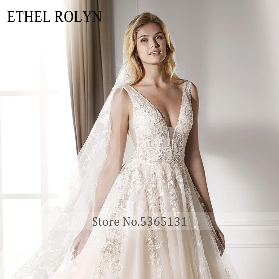 ETHEL ROLYN Sexy V-neck Backles Tulle Wedding Dress Romantic Beaded Appliques A-Line Vintage Wedding Gowns Vestido De Noiva