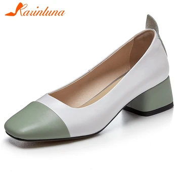 

KARINLUNA Spring New Ladies Genuine Leather Pumps Fashion Square Toe Med Chunky Heels Pumps Women Brand Patchwork Shoes Woman