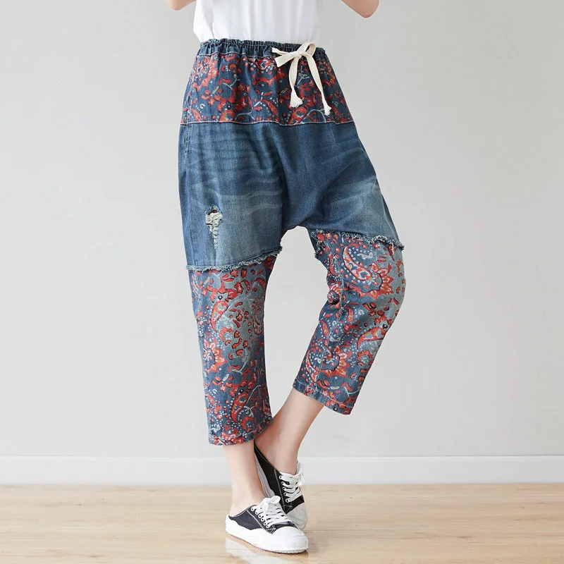 Max LuLu Summer Design 2021 Japan Style Jeans Women Printed Patchwork Denim Trousers Ladies Casual Ripped Harem Pants Big Size