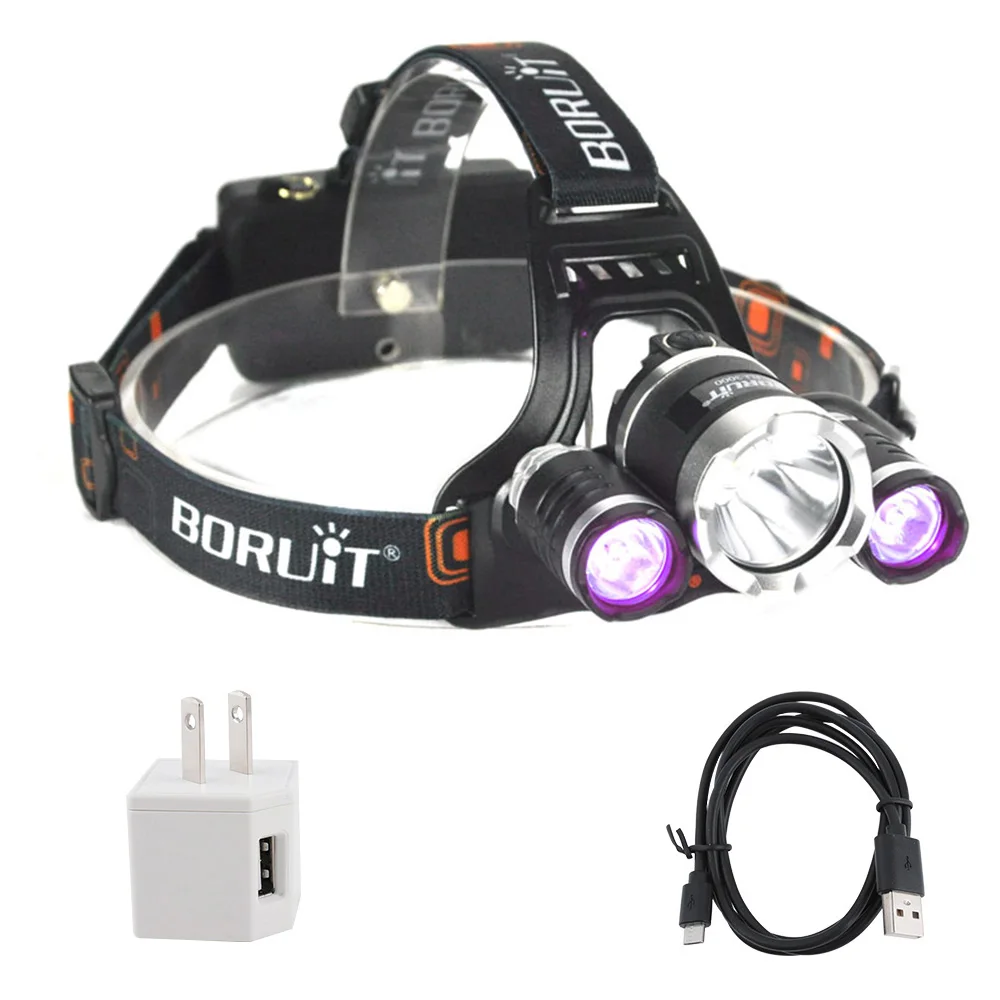 BORUIT XML T6 XPE UV светодиодный налобный фонарь 18650 с зарядным устройством USB и аккумулятором, 3 режима, фиолетовый Головной фонарь, фиолетовый детектор, фонарик - Испускаемый цвет: A