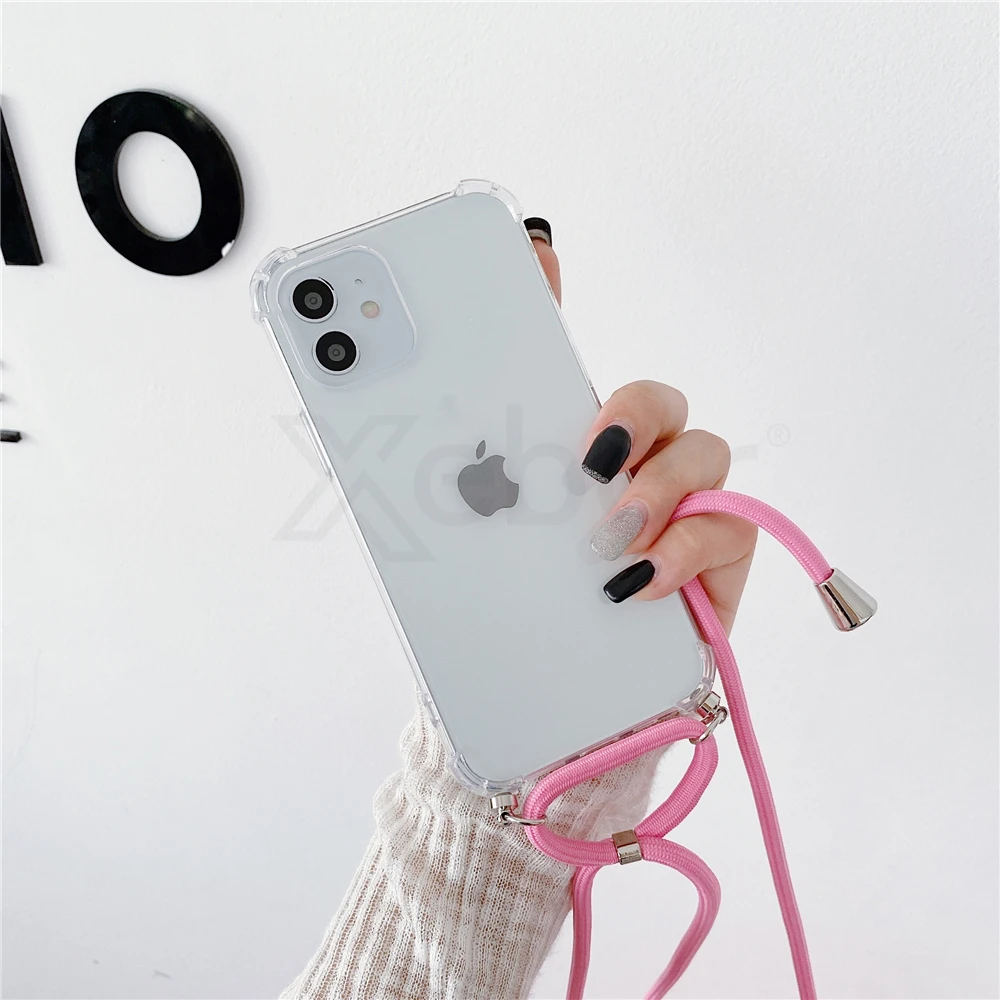 Necklace Lanyard Strap Chain Phone Case For iPhone 13 Pro Max 12 11 14 XS X XR Mini SE 2 6S 7 8 Plus Transparent Soft Rope Cover cute iphone 11 cases