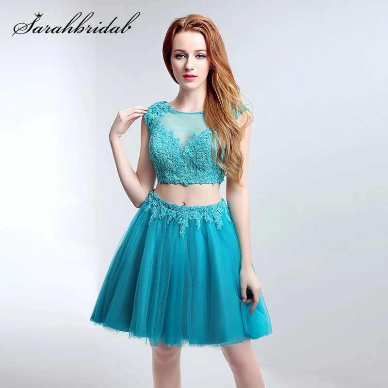 

Fashion 2020 Short Two Pieces Tulle Lace Applique Beads Cheap Homecoming Dress Teal Girl Party 8th Grade Graduation Gown LX187