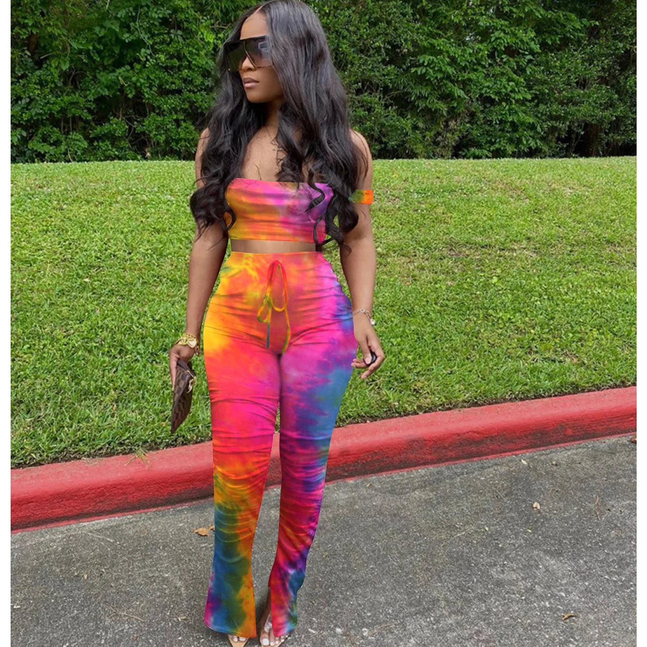 

Zoctuo Print Two Piece Short Set for Women Slash Neck Crop Top and Long Pants Sexy Two Piece Set 2 Two Piece Set Women